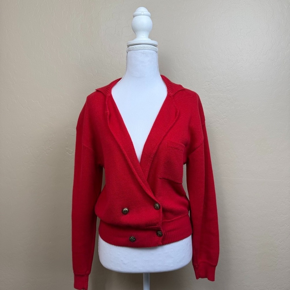 Vintage Chaus Petites Red Cardigan Sweater S Cotton Nautical Preppy Blazer